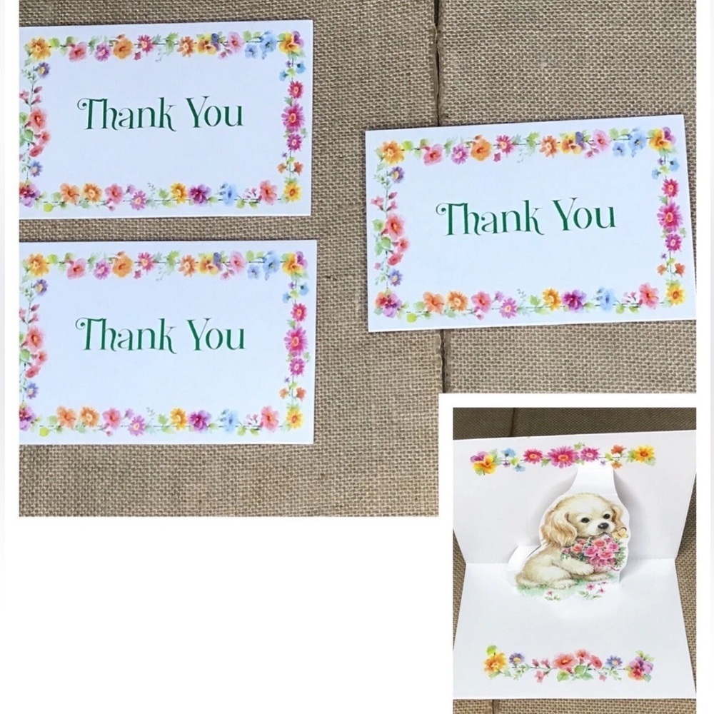 Vintage Dynamic Greetings Floral Puppy Pop Up Thank You Cards Junk Journaling